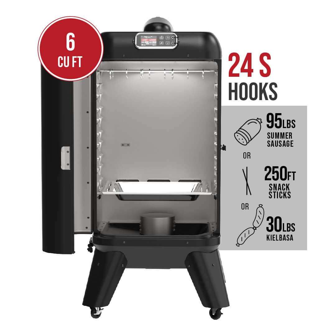 Capacity of the new grilla mammoth vertical pellet smoker, has 6 cubic feet and can easily house 24S hooks, 95 lbs of summer sausage, or 250 ft snack sticks, or 30 lbs kielbasa all can fit comfortably in the new grilla mammoth vertical pellet smoker